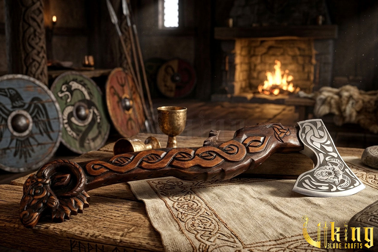 goat totem Viking axe with detailed hand carving and forged steel