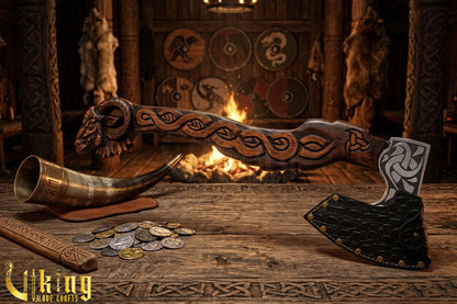 hand forged Viking axe with goat motif and custom carved handle