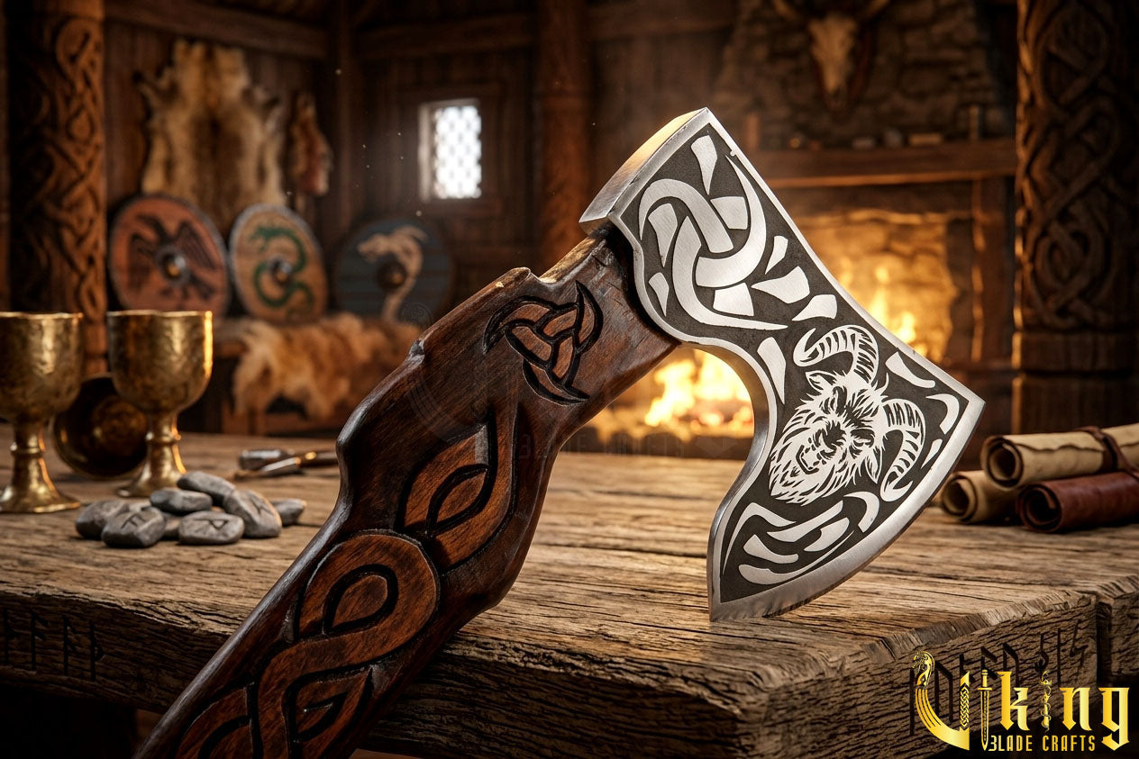 artisan Norse axe with goat carving and wooden grip