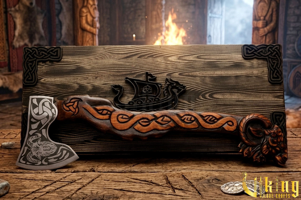 collectible Norse axe with goat head carving and premium finish