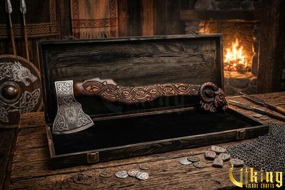raven themed Viking axe with leather sheath and wooden grip