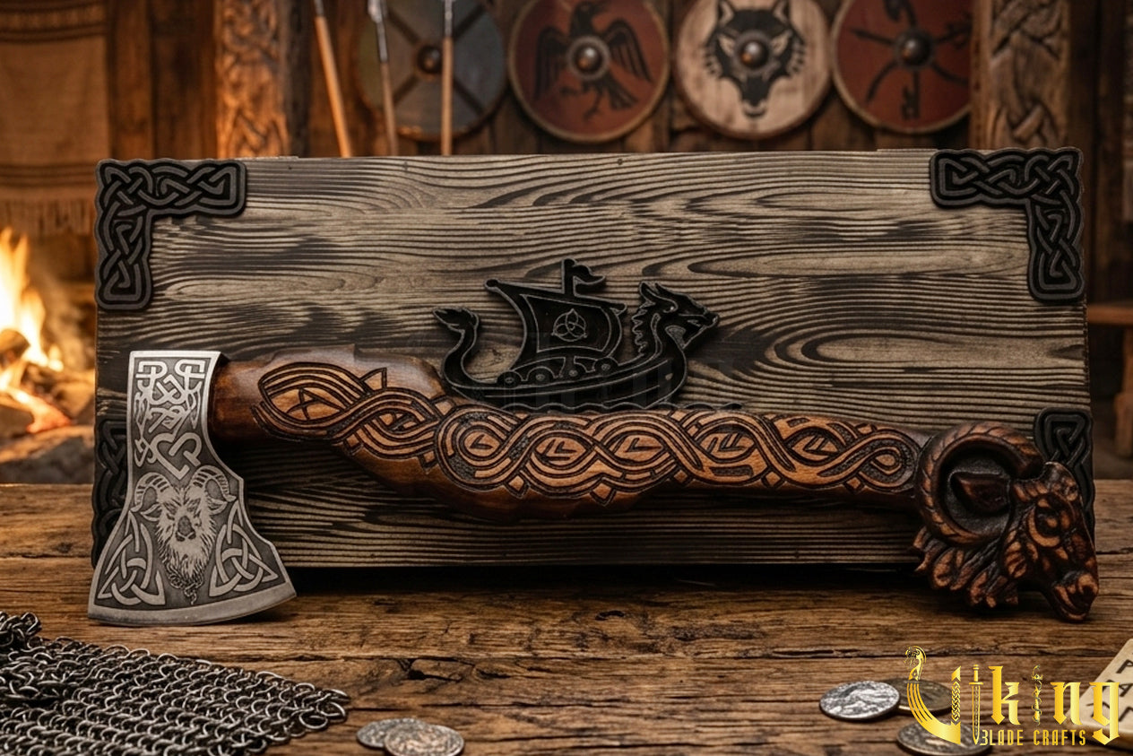 hand carved raven handle Viking axe made from forged steel
