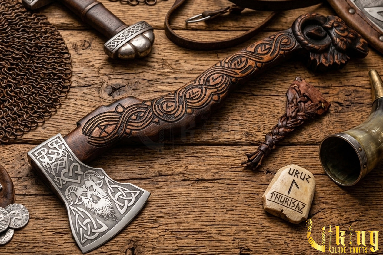 raven themed Viking axe with leather sheath and wooden grip