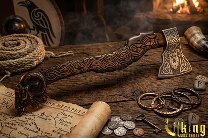 hand carved raven handle Viking axe made from forged steel
