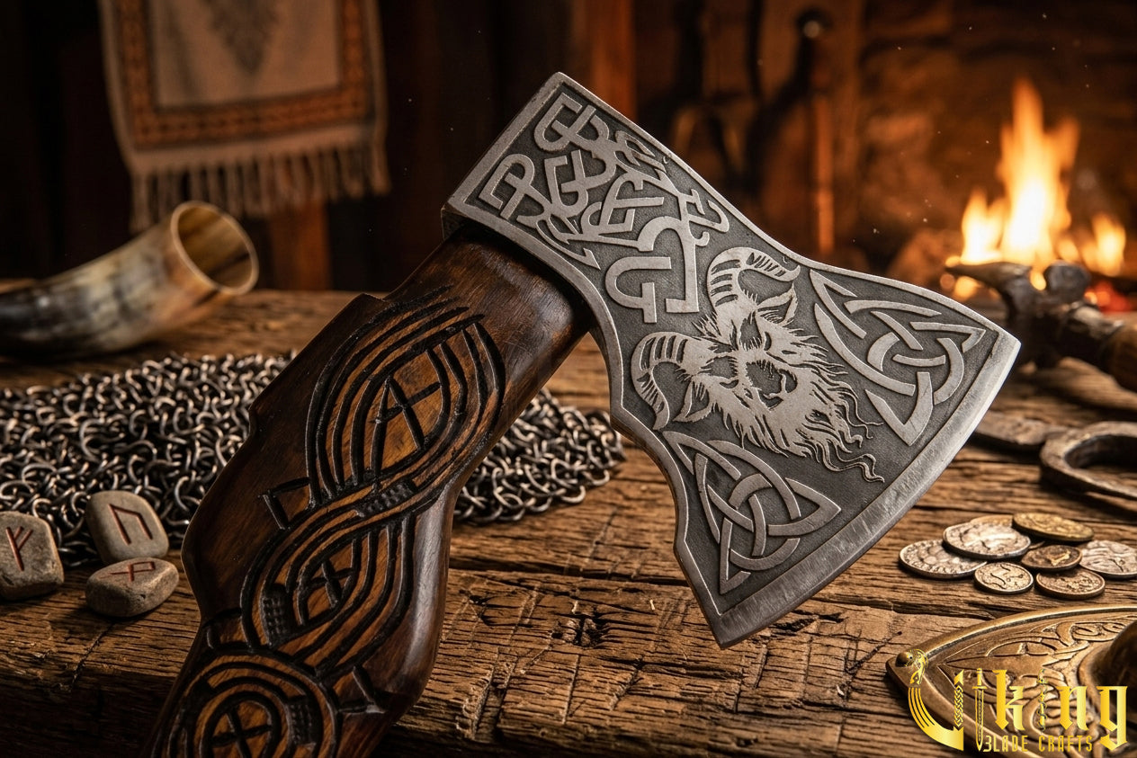artisan crafted Viking axe with hand carved rosewood handle