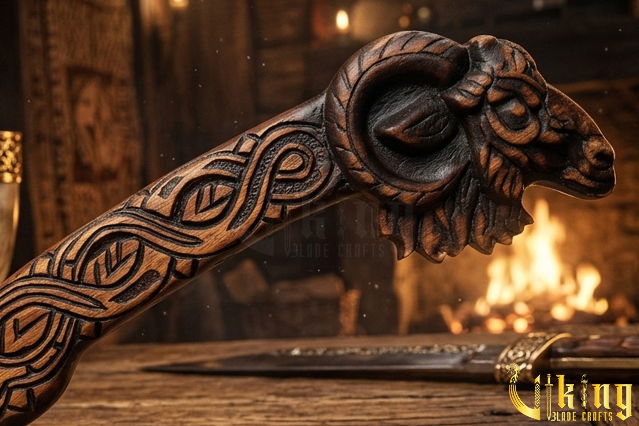 forged steel Viking axe with custom carved raven handle
