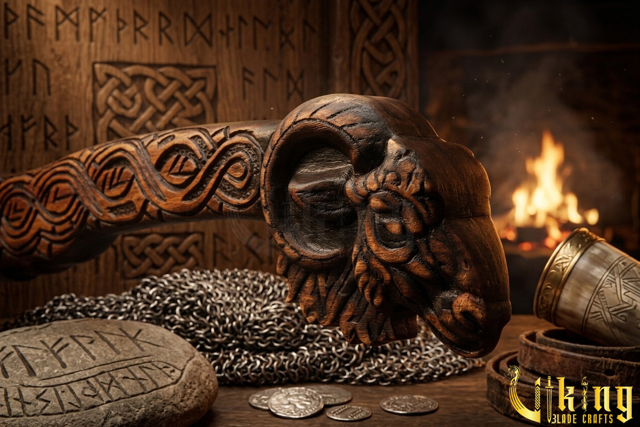 Norse Hrafn axe with detailed wood carving and steel blade