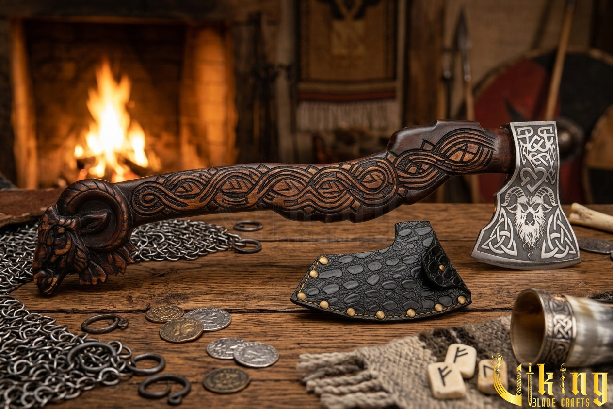 forged steel Viking axe with custom carved raven handle