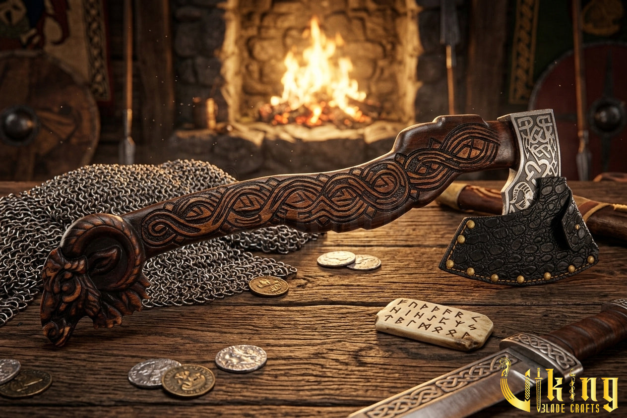 artisan crafted Viking axe with hand carved rosewood handle