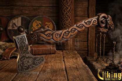Norse mythology axe with goat symbol and leather sheath