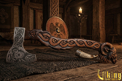 Viking goat axe representing Thor chariot goats with carved grip