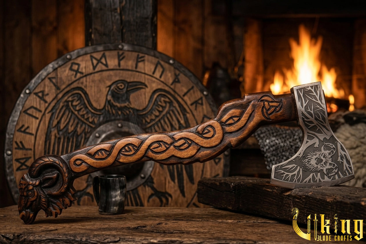 Thor inspired Viking axe with custom carved wood handle