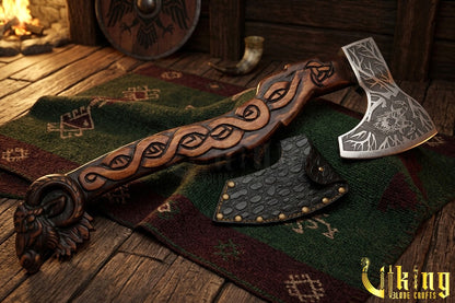 hand carved geit handle Viking axe inspired by Thor mythology
