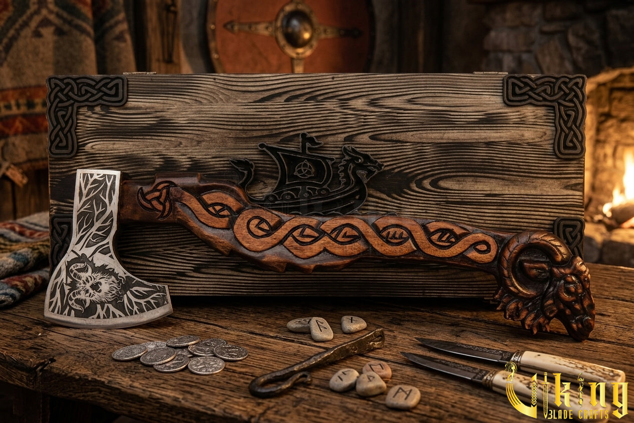 forged steel Viking axe with goat carving linked to Thor legend