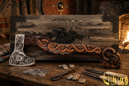forged steel Viking axe with goat carving linked to Thor legend