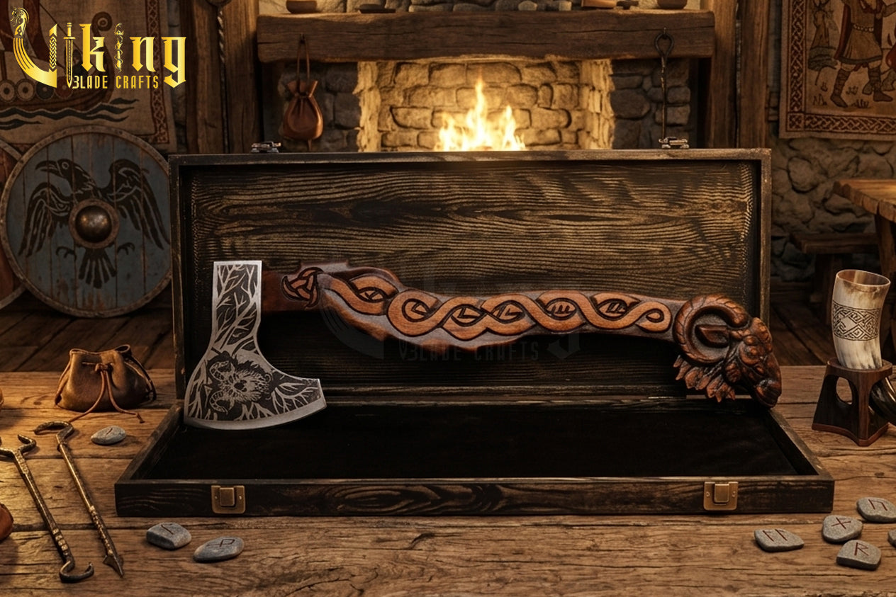 Norse mythology axe with goat symbol and leather sheath