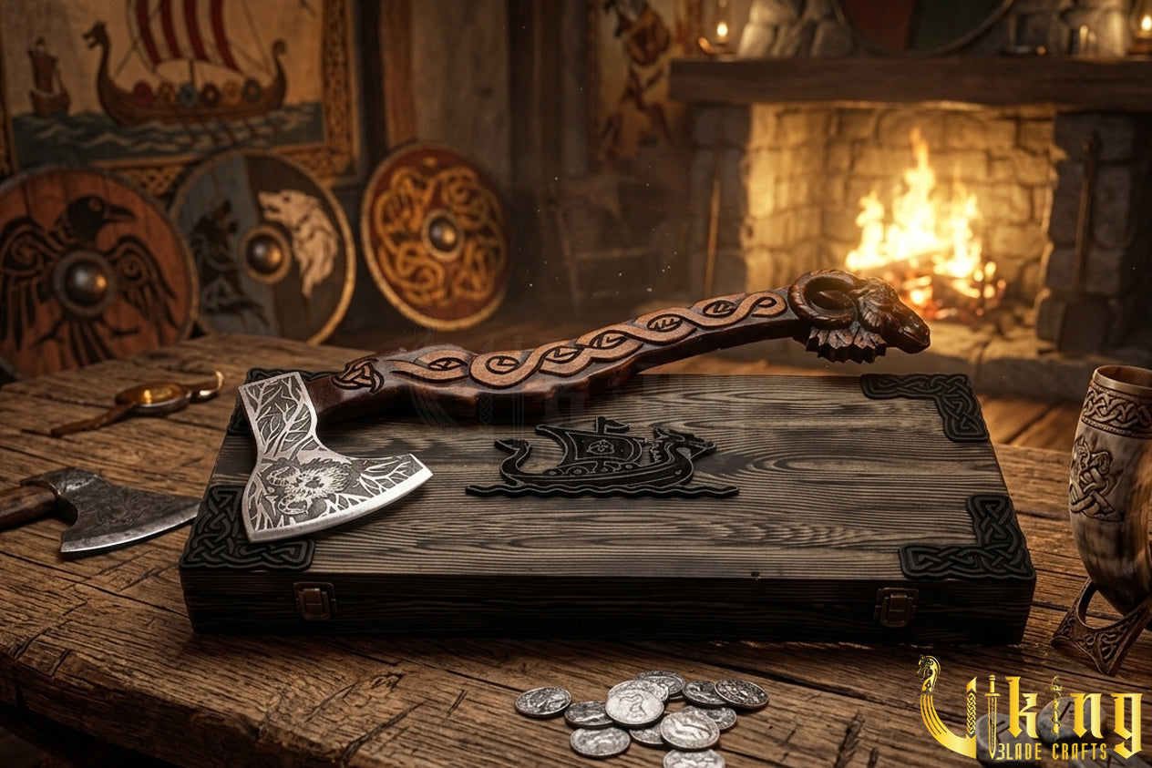 Thor inspired Viking axe with custom carved wood handle
