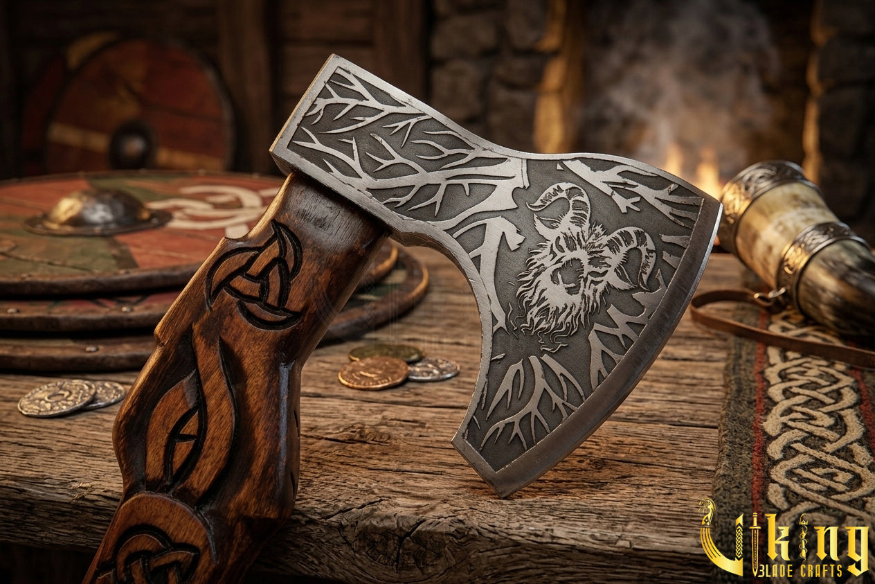 hand carved geit handle Viking axe inspired by Thor mythology
