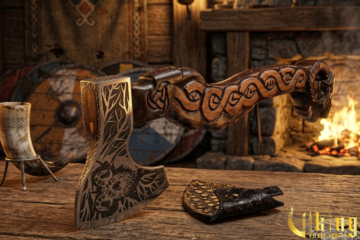 forged steel Viking axe with goat carving linked to Thor legend