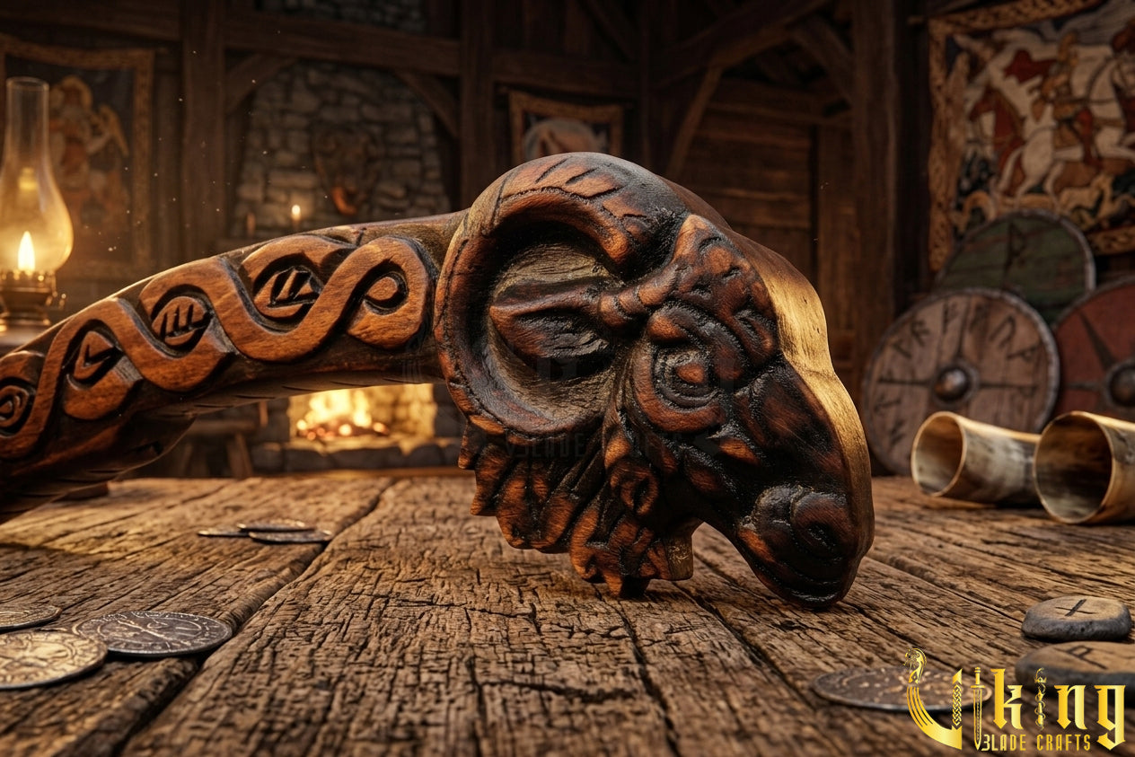Norse Thor goat axe with carved wooden handle and steel blade