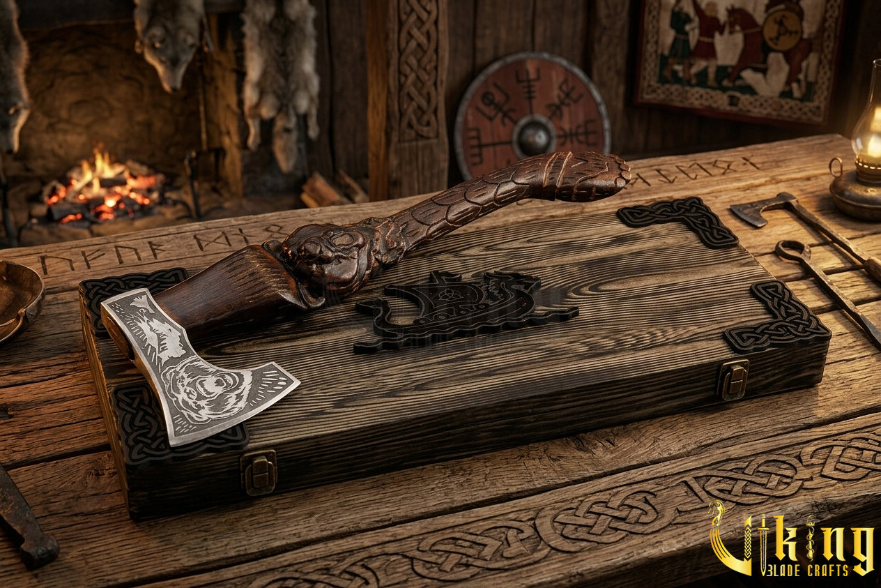 Hand-Carved Bear "bjǫrn" Handle Viking Axe | Custom Norse Axe