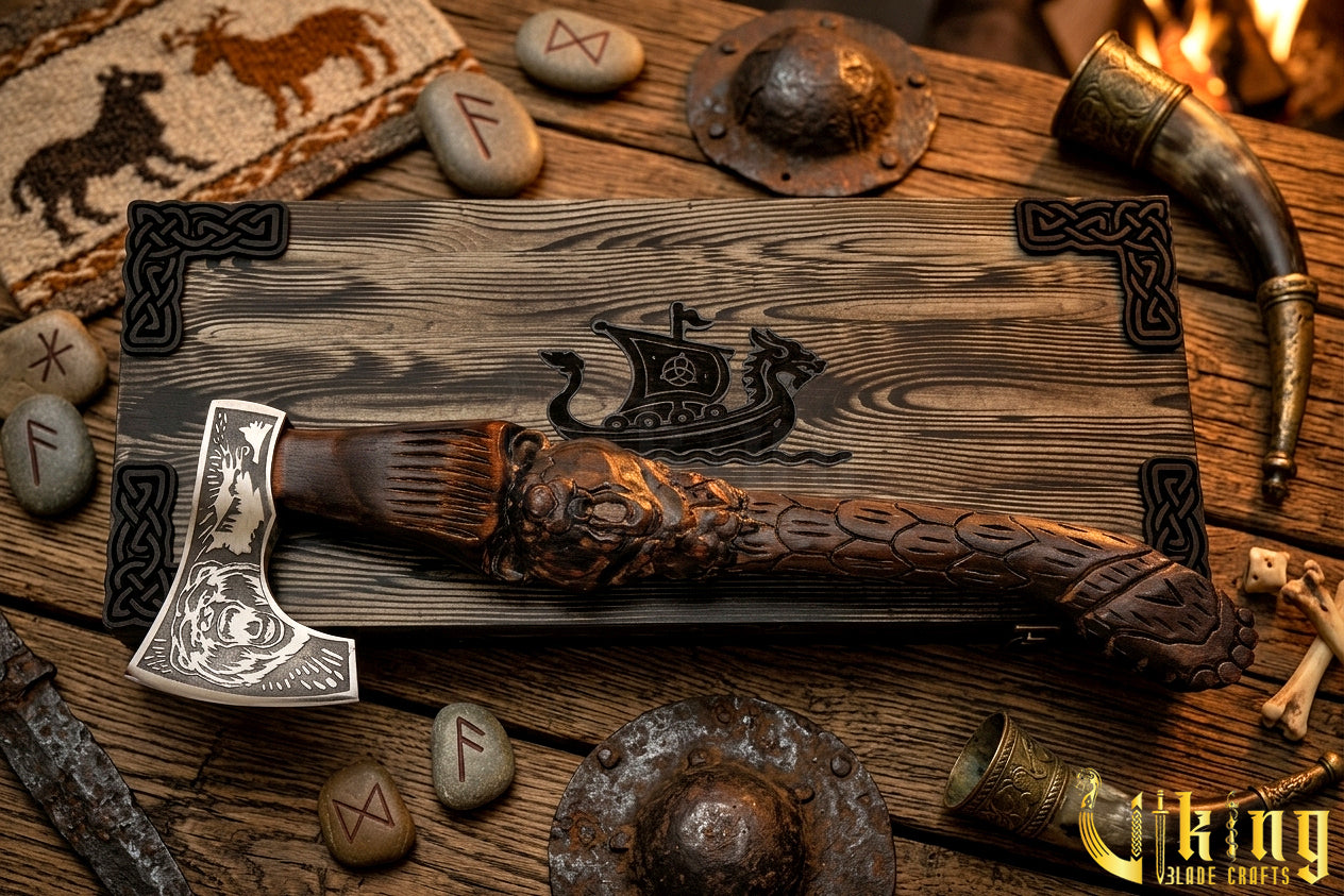 Hand-Carved Bear "bjǫrn" Handle Viking Axe | Custom Norse Axe