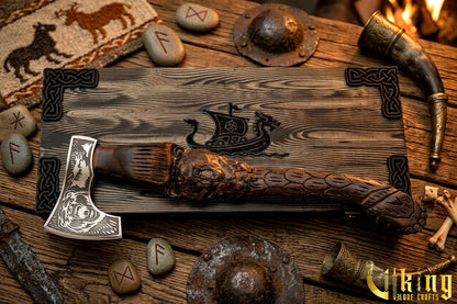 Hand-Carved Bear "bjǫrn" Handle Viking Axe | Custom Norse Axe