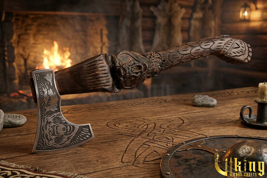 Hand-Carved Bear "bjǫrn" Handle Viking Axe | Custom Norse Axe