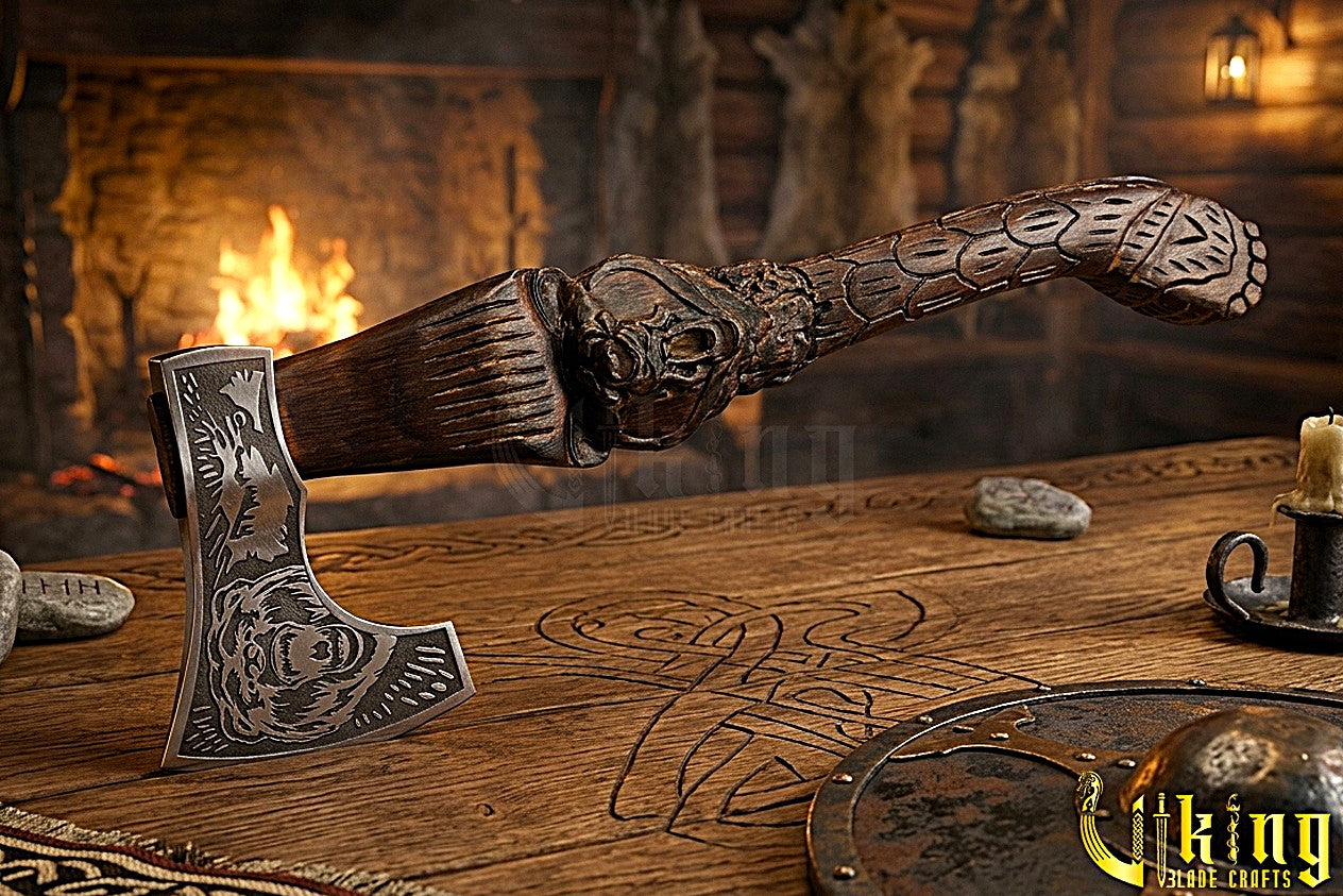 Bjorn Norse axe with detailed bear carving and forged steel head