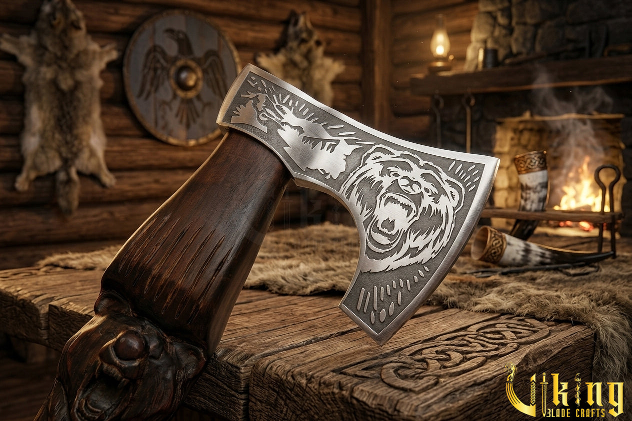 Hand-Carved Bear "bjǫrn" Handle Viking Axe | Custom Norse Axe