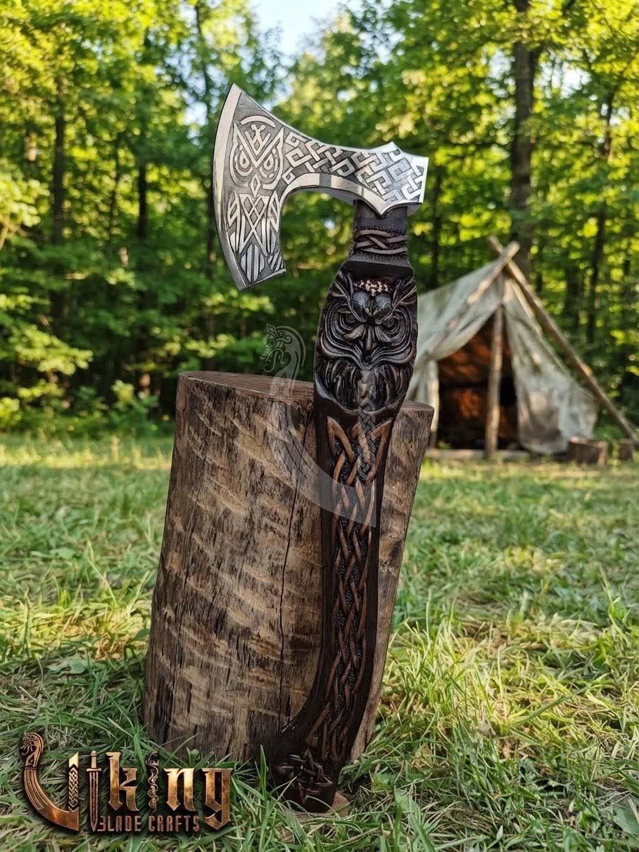Hand-Forged 23" Norse Carved Owl Rosewood Axe | Owl Etched