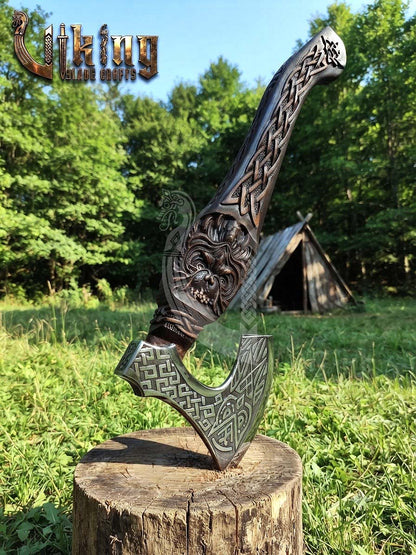 Hand-Forged 23" Norse Carved Owl Rosewood Axe | Owl Etched