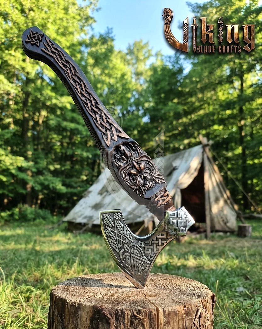 Hand-Forged 23" Norse Carved Owl Rosewood Axe | Owl Etched