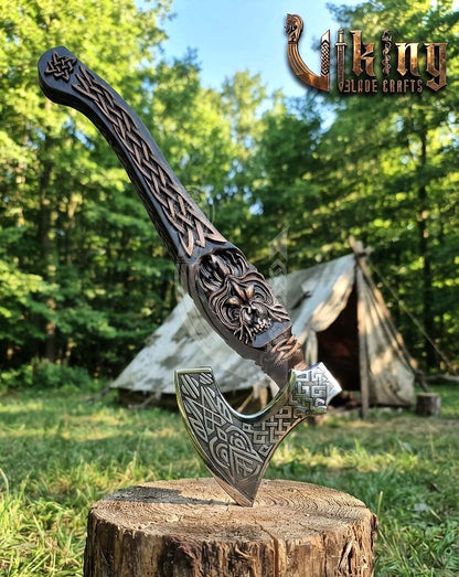 Hand-Forged 23" Norse Carved Owl Rosewood Axe | Owl Etched