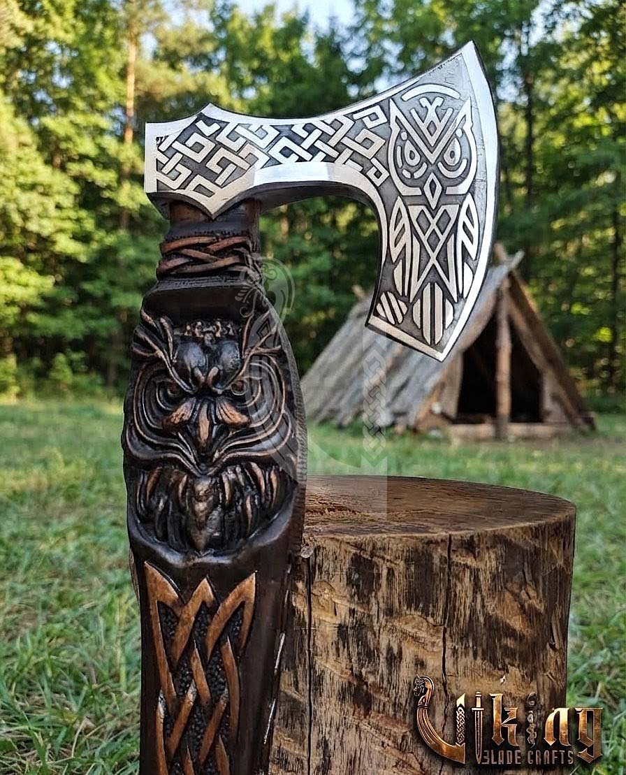 Hand-Forged 23" Norse Carved Owl Rosewood Axe | Owl Etched