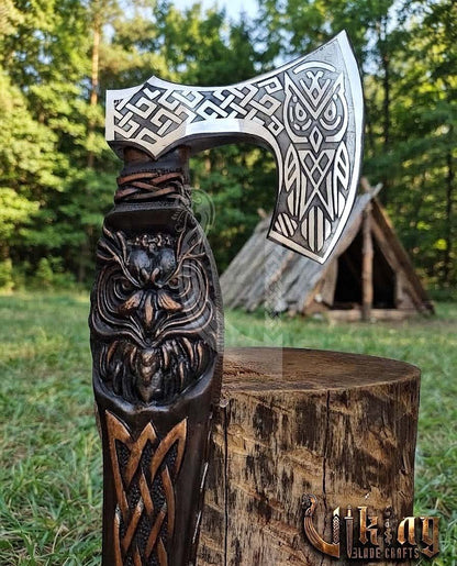Hand-Forged 23" Norse Carved Owl Rosewood Axe | Owl Etched