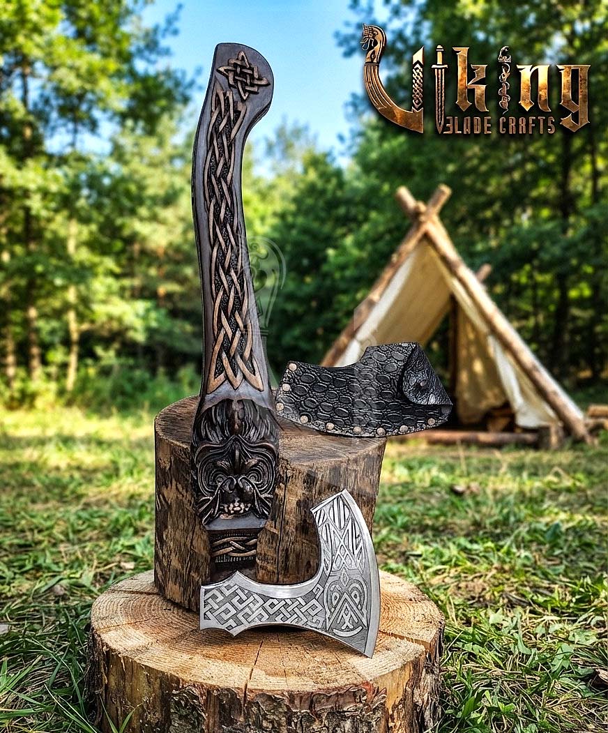 Hand-Forged 23" Norse Carved Owl Rosewood Axe | Owl Etched