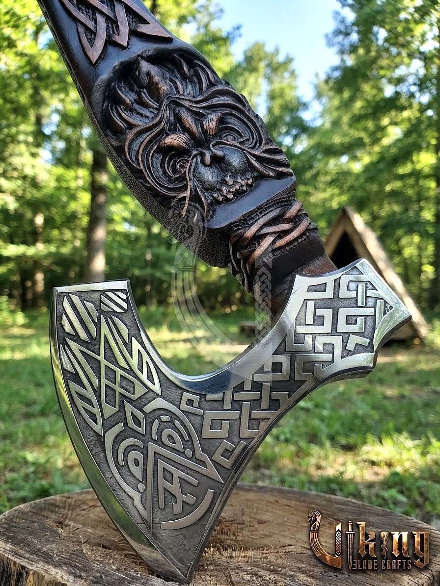 Hand-Forged 23" Norse Carved Owl Rosewood Axe | Owl Etched