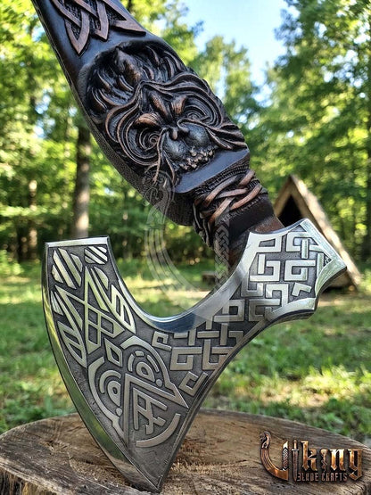 Hand-Forged 23" Norse Carved Owl Rosewood Axe | Owl Etched