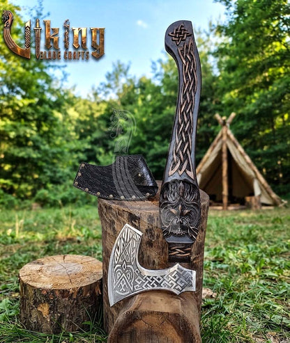 Hand-Forged 23" Norse Carved Owl Rosewood Axe | Owl Etched