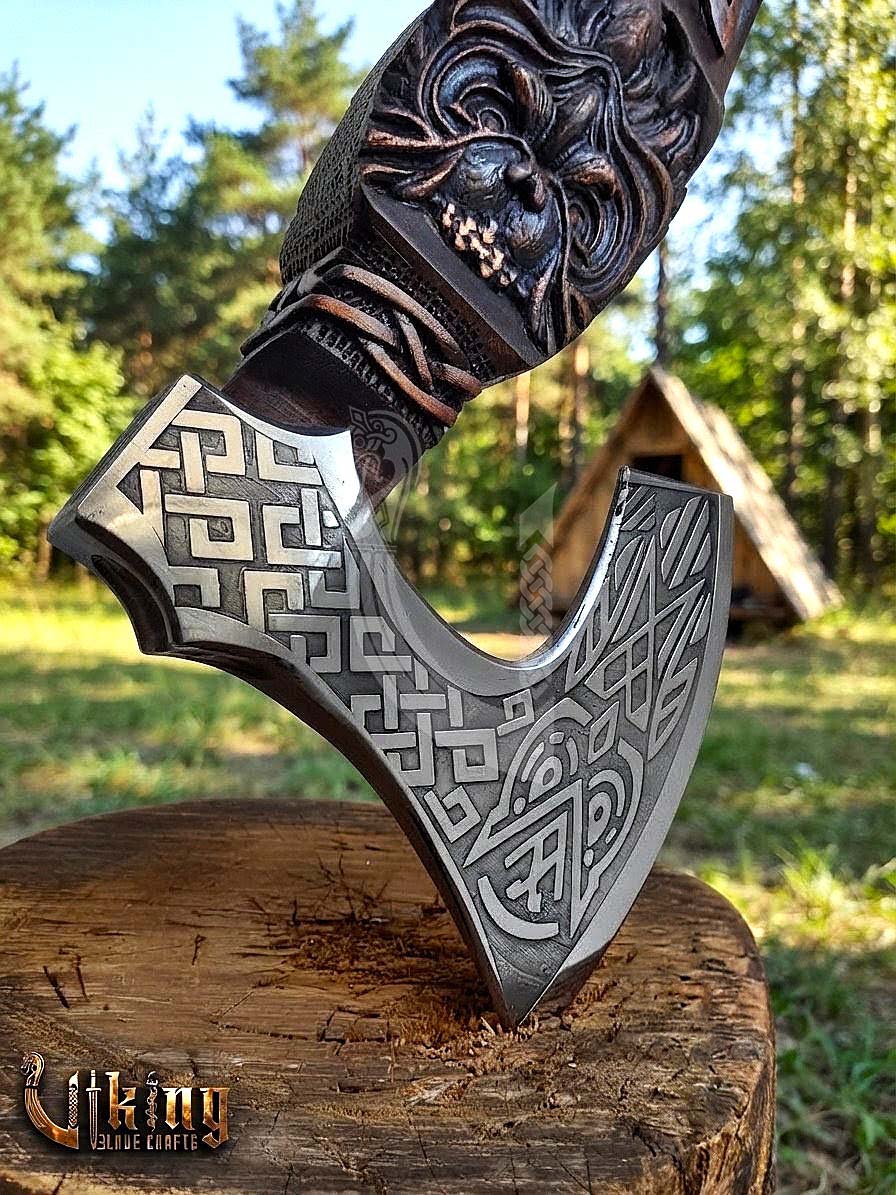 Hand-Forged 23" Norse Carved Owl Rosewood Axe | Owl Etched