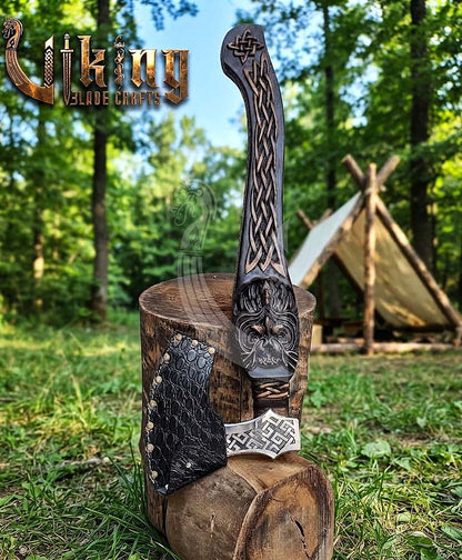 Hand-Forged 23" Norse Carved Owl Rosewood Axe | Owl Etched