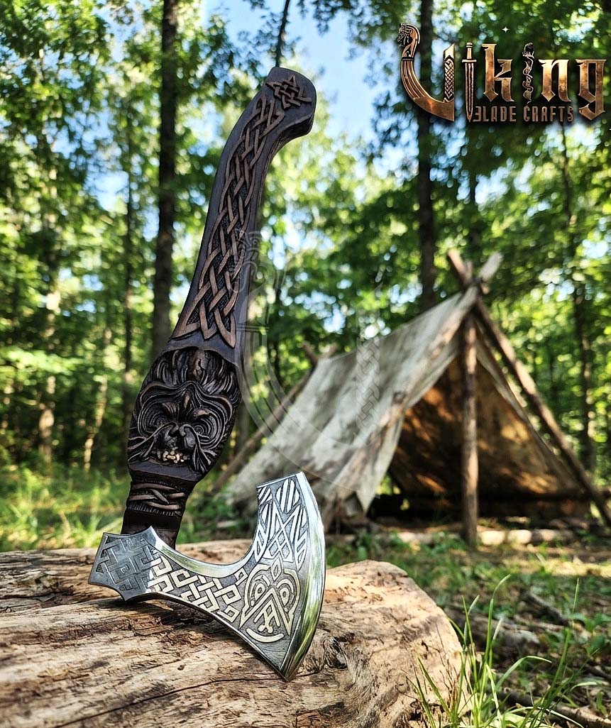 Hand-Forged 23" Norse Carved Owl Rosewood Axe | Owl Etched