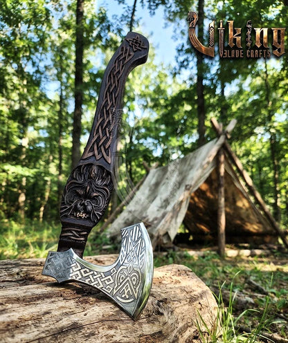 Hand-Forged 23" Norse Carved Owl Rosewood Axe | Owl Etched
