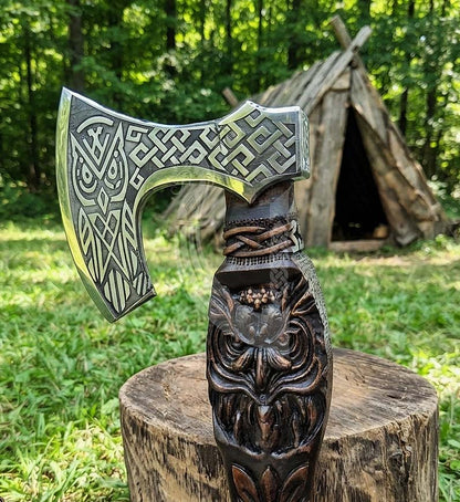 Hand-Forged 23" Norse Carved Owl Rosewood Axe | Owl Etched