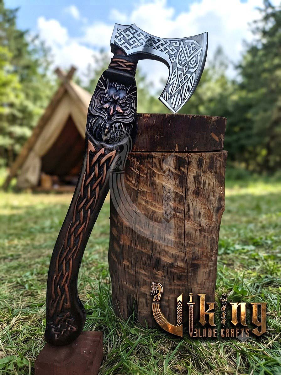 Hand-Forged 23" Norse Carved Owl Rosewood Axe | Owl Etched