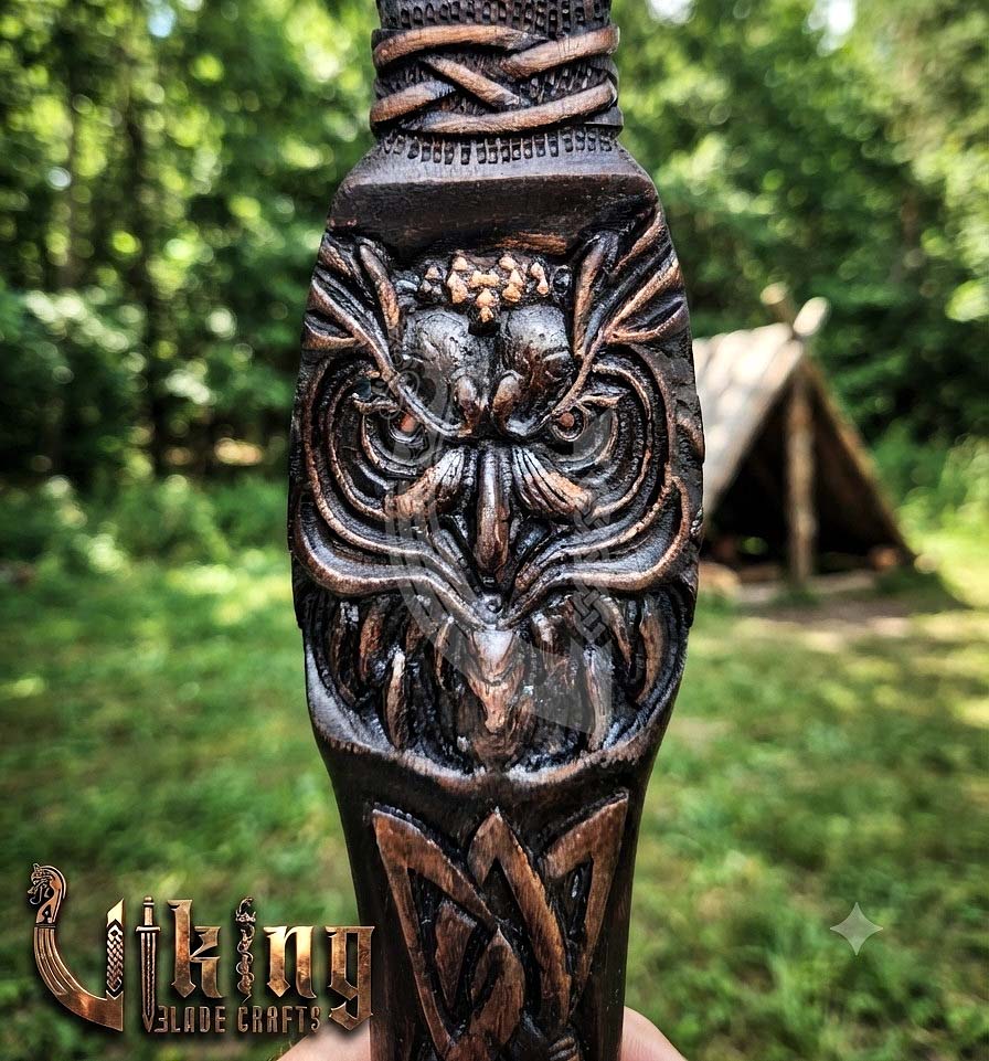 Hand-Forged 23" Norse Carved Owl Rosewood Axe | Owl Etched