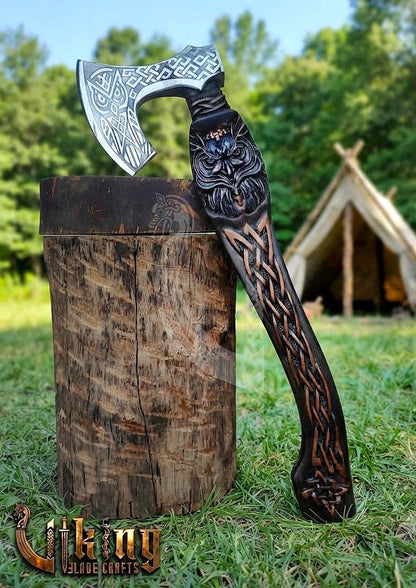 Hand-Forged 23" Norse Carved Owl Rosewood Axe | Owl Etched