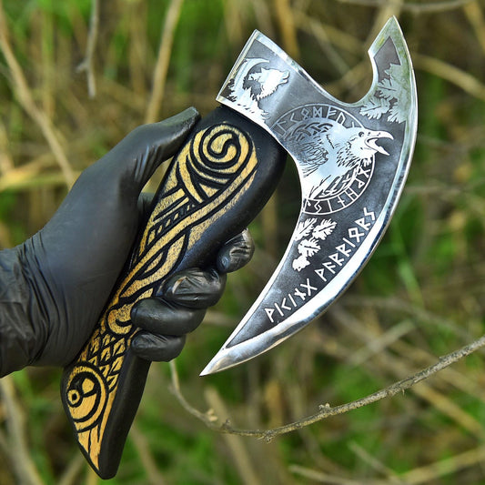 Viking Odin's Raven Pizza Slice Axe Tool with Leather Sheath Cover