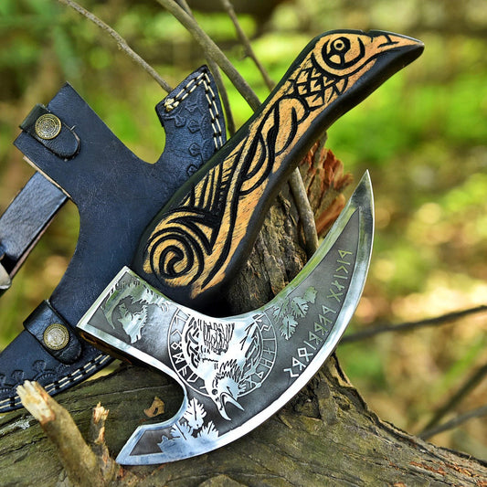 Viking Odin's Raven Pizza Slice Axe Tool with Leather Sheath Cover